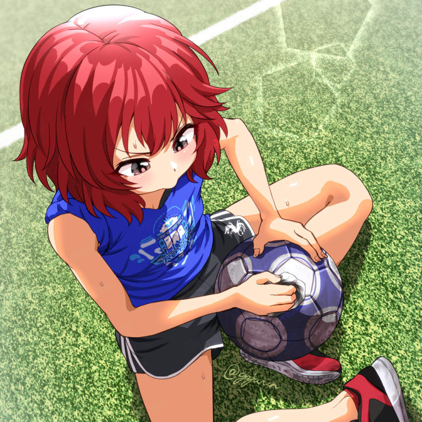 1girl ball black_shorts blue_shirt brown_eyes dolphin_shorts fingernails from_above gojarun idolmaster idolmaster_cinderella_girls idolmaster_cinderella_girls_starlight_stage murakami_tomoe red_hair shirt shoes short_hair shorts signature sitting sleeveless sneakers soccer_ball soccer_uniform solo sportswear sweat washing