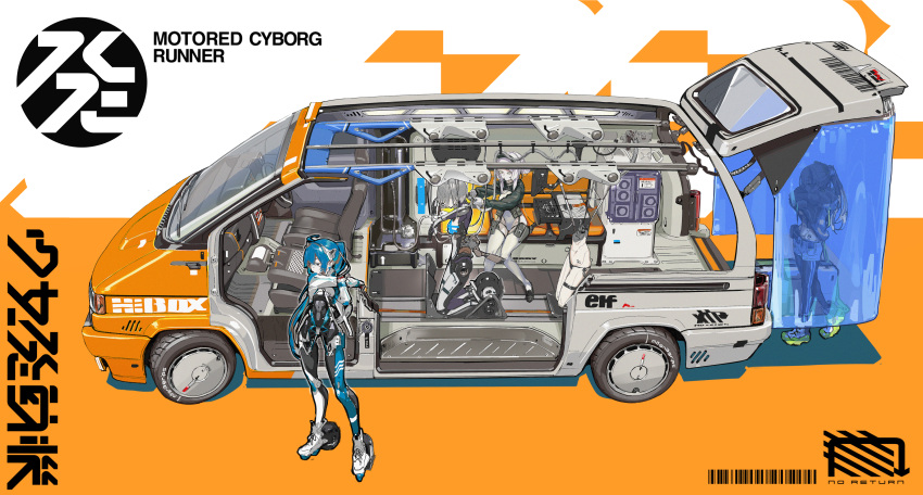 4girls absurdres afukuro blonde_hair blue_hair car curtains cyborg full_body highres joints leggings long_hair maintenance motor_vehicle multiple_girls orange_background original robot_joints roller_skates science_fiction shoes short_hair shorts shoujo_hatsudouki sitting skates sneakers standing stretching thighhighs toolbox tools two-tone_background undressing very_long_hair white_background white_hair x-ray