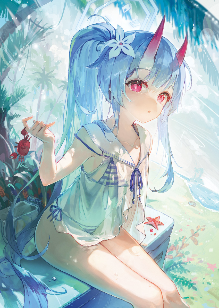 1girl absurdres bare_legs bikini blue_archive chise_(blue_archive) chise_(swimsuit)_(blue_archive) collarbone crab flat_chest flower grey_hair hair_flower hair_ornament happyongdal highres horns long_hair looking_at_viewer navel oni oni_horns open_mouth parted_lips ponytail red_eyes sailor_collar see-through sitting starfish striped striped_bikini swimsuit