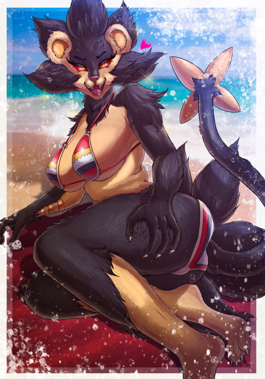 beach big_breasts big_butt bikini black_body black_fur black_nose breasts butt clothing curvy_female female fur generation_4_pokemon gold_body hi_res huge_breasts lent_si luxray mature_female mother_(lore) nintendo parent_(lore) pokemon pokemon_(species) red_eyes seaside shiny_pokemon solo swimwear teeth yellow_body yellow_fur