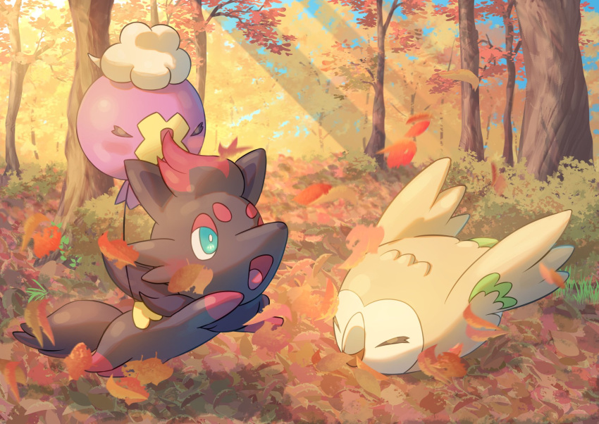 &gt;_&lt; animal_focus autumn_leaves bird black_fur blue_eyes closed_eyes colored_skin commentary_request drifloon forest highres mokukitusui nature no_humans open_mouth owl pokemon pokemon_(creature) purple_skin rowlet tree wings zorua