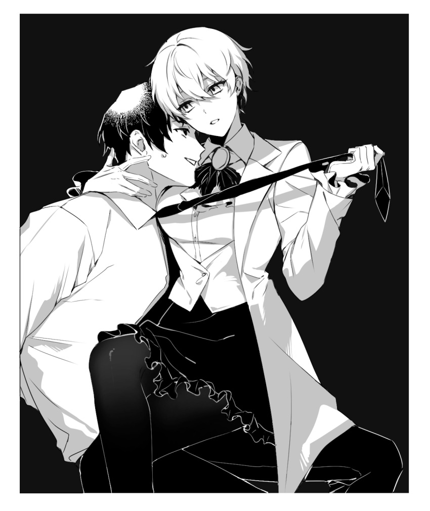 1boy 1girl angela_(project_moon) ap5ry arms_behind_back ascot breasts brooch coat collared_shirt feathers frilled_shirt frilled_skirt frills gloves greyscale hand_on_another's_neck hetero highres jewelry library_of_ruina long_sleeves looking_to_the_side medium_breasts monochrome necktie necktie_grab neckwear_grab nervous pants pantyhose parted_lips project_moon roland_(library_of_ruina) shirt short_hair sitting sitting_on_lap sitting_on_person skirt smile sweat vest