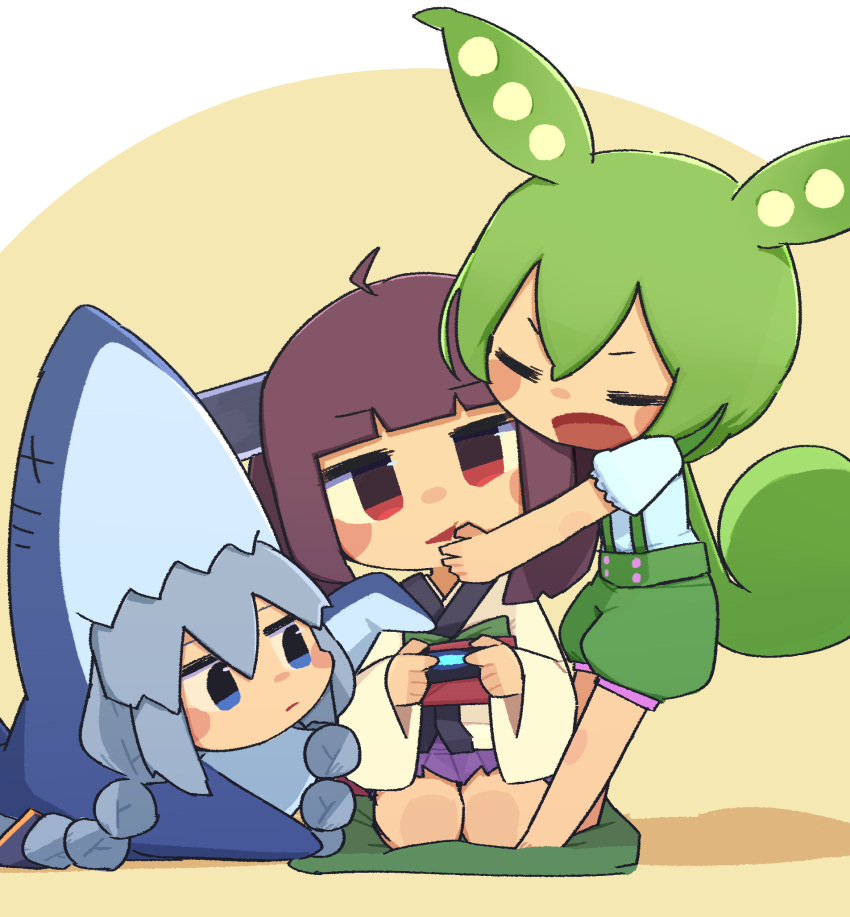 3girls ahoge animal_costume bare_legs blue_eyes blunt_bangs blush_stickers braid brown_eyes brown_hair chibi closed_eyes controller cosplay cushion face_hug game_controller green_hair green_shorts green_suspenders grey_hair headgear highres holding holding_controller holding_game_controller japanese_clothes kigurumi kimono kizuna_akari konohoshi long_hair looking_at_viewer lying miniskirt multiple_girls on_stomach open_mouth purple_skirt seiza shark_costume shirt short_hair short_sleeves shorts sitting skirt standing suspender_shorts suspenders touhoku_kiritan twin_braids vocaloid voiceroid voicevox white_kimono white_shirt yellow_background zabuton zundamon