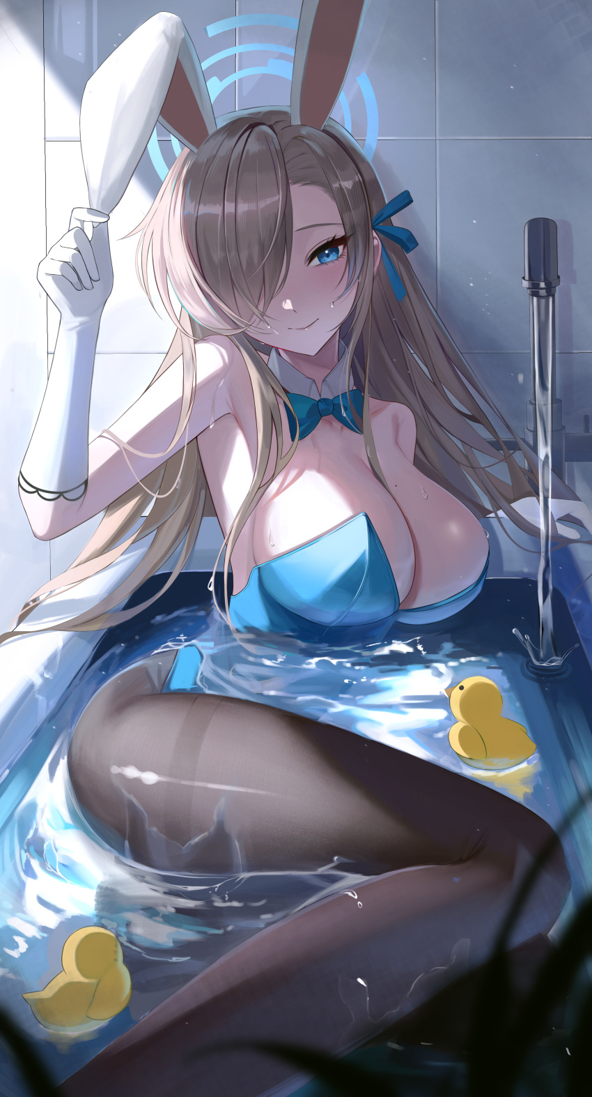 1girl absurdres animal_ears arm_support asuna_(blue_archive) asuna_(bunny)_(blue_archive) bathtub black_pantyhose blonde_hair blue_archive blue_bow blue_eyes blue_leotard bow breasts cleavage collarbone detached_collar gloves hair_over_one_eye halo highres large_breasts leotard long_hair lying official_alternate_costume on_side pantyhose partially_submerged rabbit_ears sa_2da sideboob smile solo wet wet_clothes wet_pantyhose white_gloves