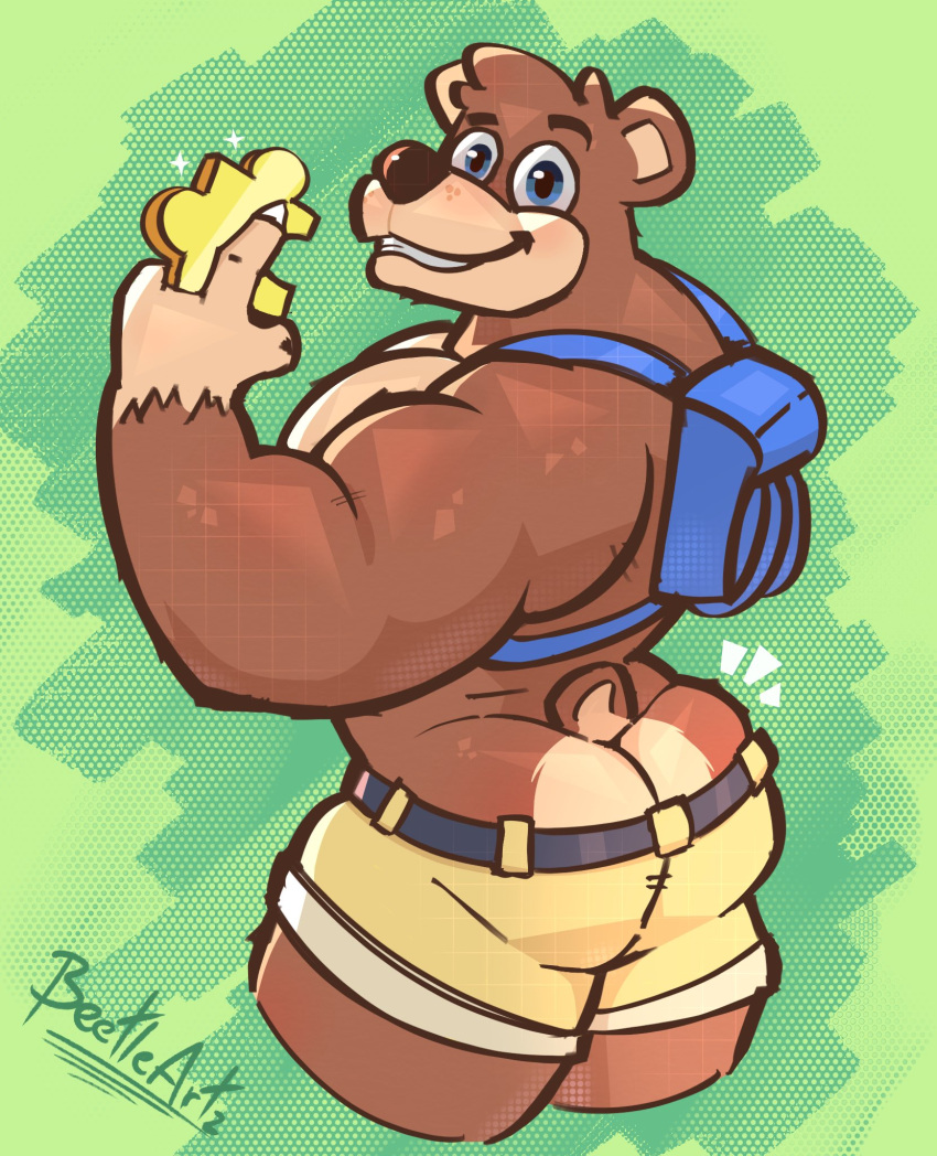 2023 anthro backpack banjo-kazooie banjo_(banjo-kazooie) bear beetleartz belt biceps big_butt big_muscles bottomwear bubble_butt butt butt_squish claws clothed clothing emanata eyebrows fur green_background hi_res holding_object looking_at_viewer male mammal muscular muscular_anthro muscular_male pecs puzzle_piece rareware shorts signature simple_background smile solo squish standing teeth thick_thighs topless topless_anthro topless_male tuft