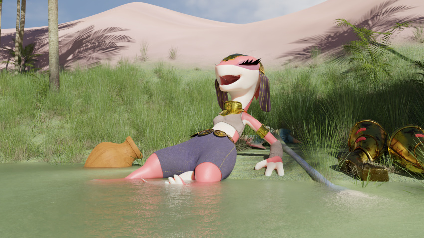 16:9 3d_(artwork) anthro arm_wraps armband armor blender_(software) clothed clothing desert digital_media_(artwork) doublestuffed drauk ever_oasis female footbath hi_res legwear midriff miura nintendo oasis pink_body pink_scales red_body red_scales sand scales smile solo water widescreen wraps