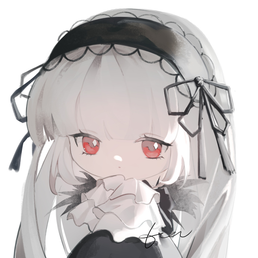 1girl absurdres black_dress black_ribbon chibi closed_mouth commentary_request dress gothic_lolita hair_ribbon hairband highres lolita_fashion lolita_hairband long_hair looking_at_viewer red_eyes ribbon rozen_maiden simple_background solo suigintou tetee very_long_hair white_background white_hair