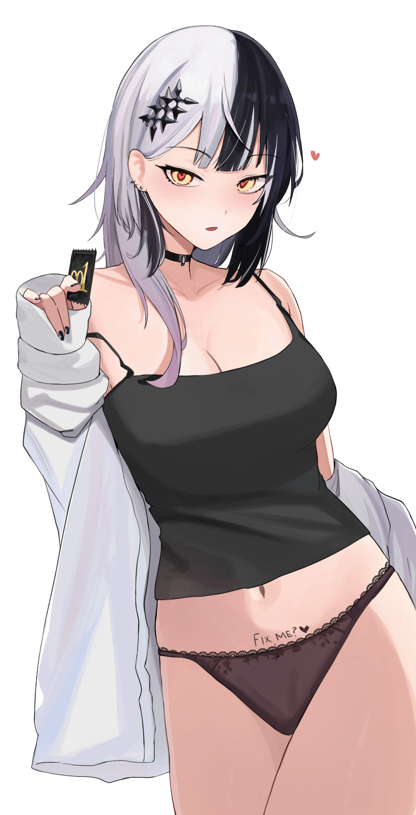 1girl absurdres bare_shoulders black_camisole black_choker black_hair black_nails black_panties blunt_bangs body_writing breasts camisole choker collarbone come_hither commentary condom cowboy_shot earrings english_text grey_hair hand_up heart heart-shaped_pupils highres holding holding_condom hololive hololive_english jewelry ku_roiko large_breasts long_hair long_sleeves looking_at_viewer multicolored_hair nail_polish navel no_pants open_clothes open_shirt panties shiori_novella shirt simple_background sleeves_past_wrists solo split-color_hair strap_slip stud_earrings symbol-shaped_pupils thighs underwear virtual_youtuber white_background white_shirt yellow_eyes