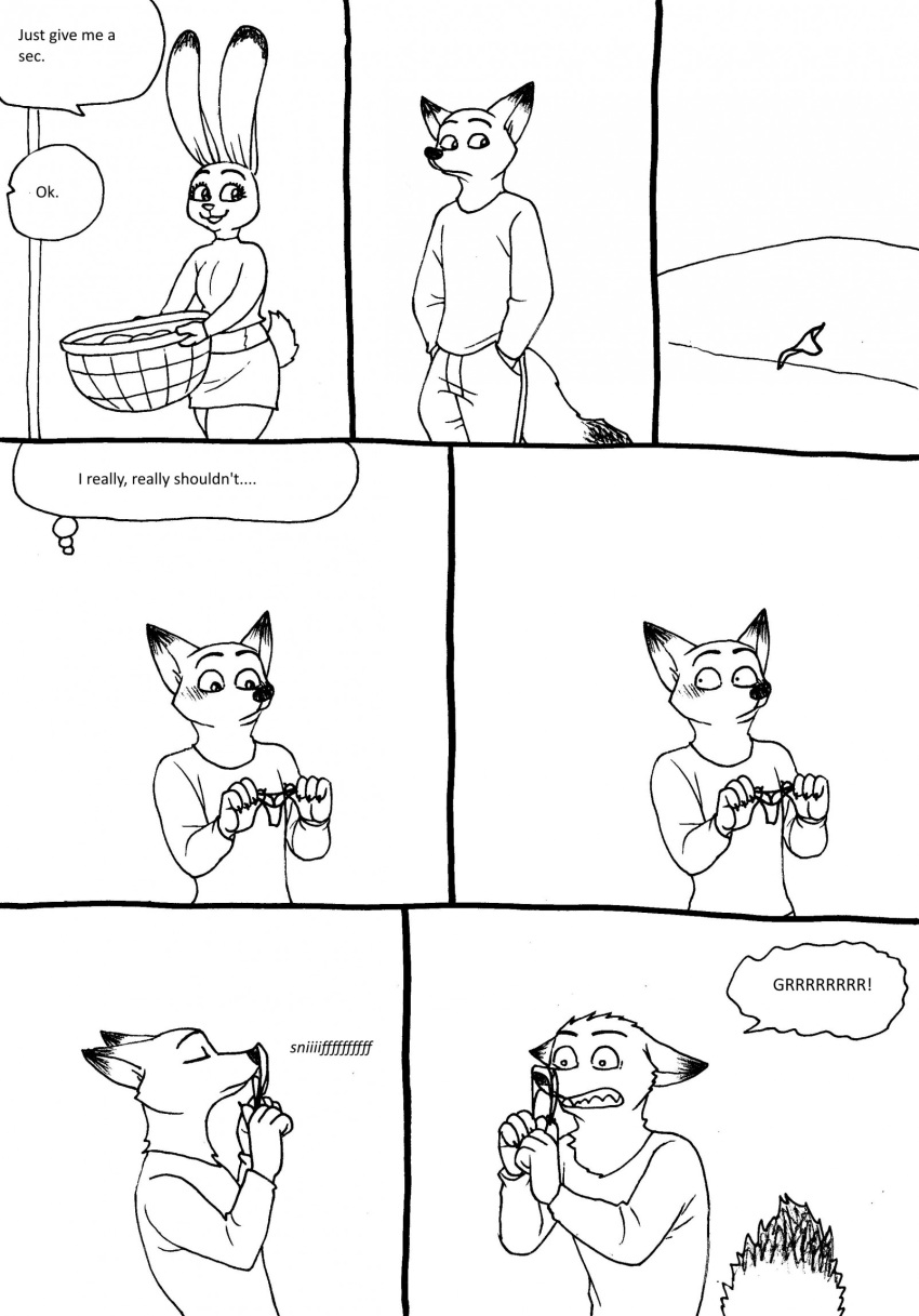 2023 anthro bed bernielover bernielover's_college_au blush bottomwear breasts canid canine claws clenched_teeth clothed clothing comic dialogue disney duo english_text female finger_claws fox fur furniture growling hi_res humanoid_hands judy_hopps lagomorph laundry_basket leporid male male/female mammal monochrome nick_wilde panties pants rabbit shirt skirt sniffing speech_bubble teeth text thought_bubble topwear underwear underwear_sniffing zootopia