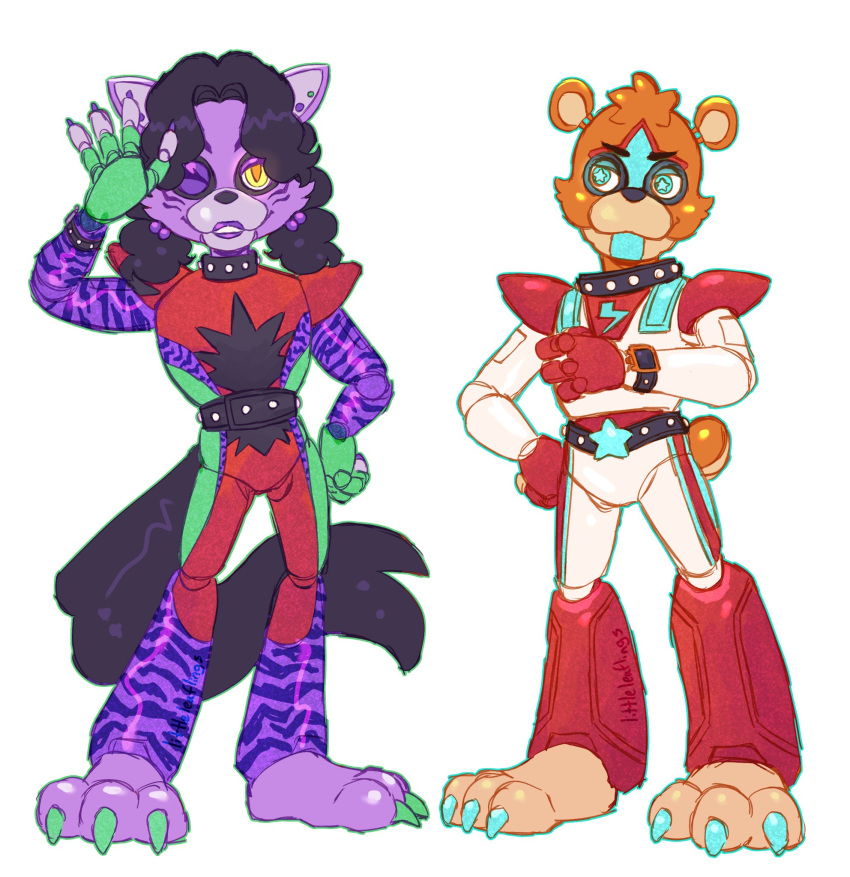2023 3_toes 4_fingers animatronic anthro barefoot bear belt black_hair black_nose bottomwear canid canine canis claws clock clothing collar countershade_face countershading duo eyebrows feet female finger_claws fingers five_nights_at_freddy's five_nights_at_freddy's:_security_breach front_view fur glamrock_freddy_(fnaf) green_claws hair hi_res lightning_bolt lips littleleaflings long_hair long_tail looking_at_another looking_at_viewer machine male mammal one_eye_closed orange_body orange_fur orange_hair pants plantigrade prick_ears purple_body robot round_ears round_tail roxanne_wolf_(fnaf) scottgames shirt short_tail simple_background standing star steel_wool_studios tail toe_claws toes topwear watch white_background wolf