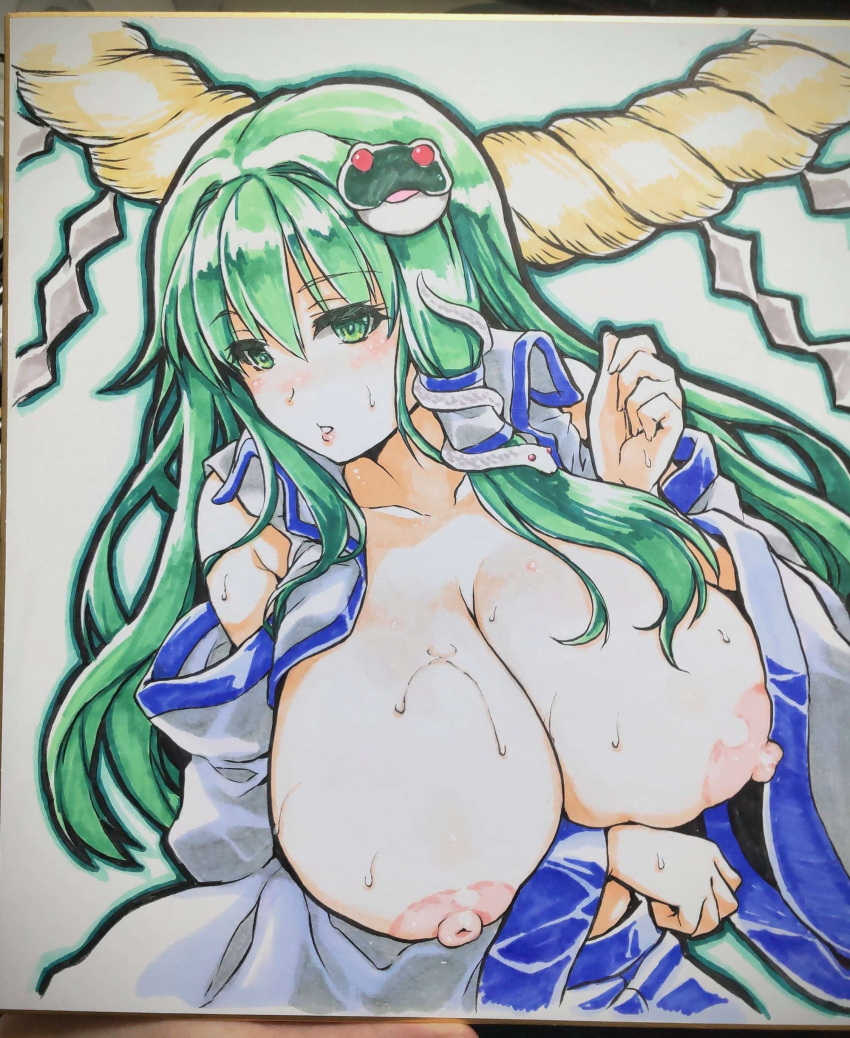 1girl absurdres blush breasts collarbone commentary_request detached_sleeves frog_hair_ornament green_eyes green_hair hair_intakes hair_ornament highres huge_breasts kochiya_sanae nipples ouma_tokiichi parted_lips photo_(medium) rope shimenawa simple_background snake_hair_ornament solo sweat touhou white_background wide_sleeves