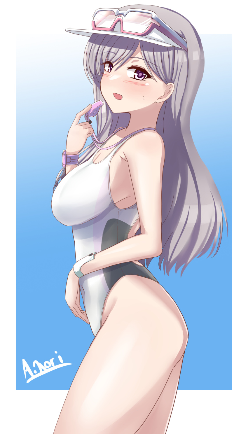 1girl a.nori absurdres blue_background brown_eyes competition_swimsuit cowboy_shot eyewear_on_head gradient_background grey_hair highres idolmaster idolmaster_shiny_colors one-piece_swimsuit parted_bangs solo standing sunglasses swimsuit two-tone_swimsuit visor_cap whistle whistle_around_neck white_one-piece_swimsuit yukoku_kiriko