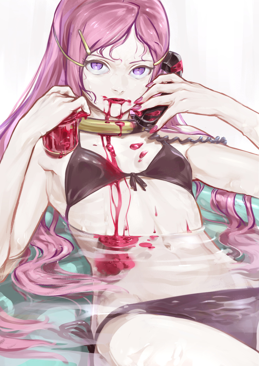 1girl anemone_(eureka_seven) bikini black_bikini breasts cable cleavage corded_phone eureka_seven eureka_seven_(series) fingernails front-tie_bikini_top front-tie_top highres holding holding_phone long_hair nail_polish navel partially_submerged phone pink_hair pink_nails purple_eyes side-tie_bikini_bottom small_breasts solo swimsuit tenshinhannnn water