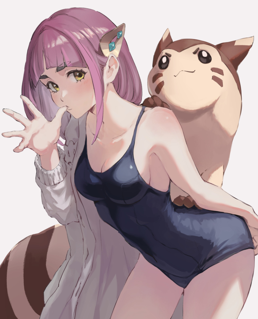1girl absurdres alternate_costume black_one-piece_swimsuit blunt_bangs breasts cleavage coat collarbone commentary_request cowboy_shot eyelashes furret hair_ornament hairclip hand_up highres jojobirdz lacey_(pokemon) leaning_forward long_hair one-piece_swimsuit pokemon pokemon_(creature) pokemon_(game) pokemon_sv purple_hair spread_fingers swimsuit white_background yellow_eyes
