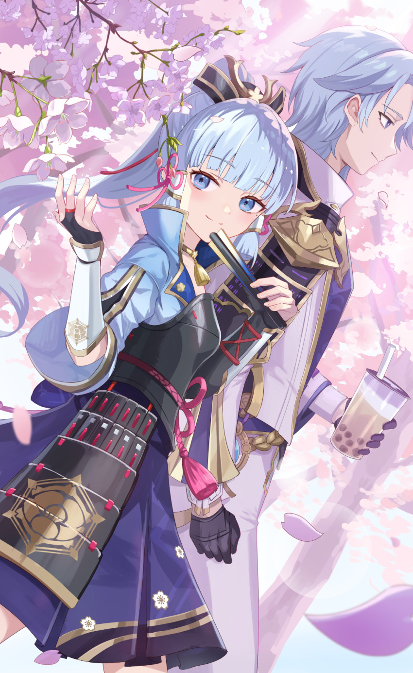 1boy 1girl 2windrill arm_armor armor black_armor black_gloves blue_eyes blue_gemstone blue_hair blue_jacket blue_sky blunt_bangs blush branch breasts brother_and_sister bubble_tea cherry_blossoms closed_mouth collared_jacket commentary_request cup fingerless_gloves flower gem genshin_impact glass gloves hair_ornament hair_ribbon hair_tubes hand_fan hand_up highres holding holding_cup holding_fan jacket kamisato_ayaka kamisato_ayato long_hair long_sleeves looking_back looking_to_the_side medium_breasts mole mole_under_eye open_clothes open_jacket outdoors pants petals pink_flower pink_ribbon ponytail purple_eyes purple_skirt purple_vest ribbon shirt short_hair siblings skirt sky smile standing tassel tree vest vision_(genshin_impact) white_jacket white_pants white_shirt wide_sleeves