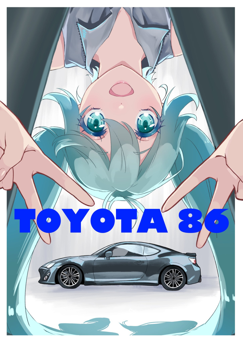 2girls :d blue_eyes blue_hair car collared_shirt double_v grey_pantyhose grey_shirt hatsune_miku highres long_hair looking_at_viewer looking_through_legs motor_vehicle mugi_(marineblue134) multiple_girls open_mouth pantyhose shadow shirt sleeveless sleeveless_shirt smile solo sports_car toyota toyota_86 twintails upside-down v vehicle_name vocaloid