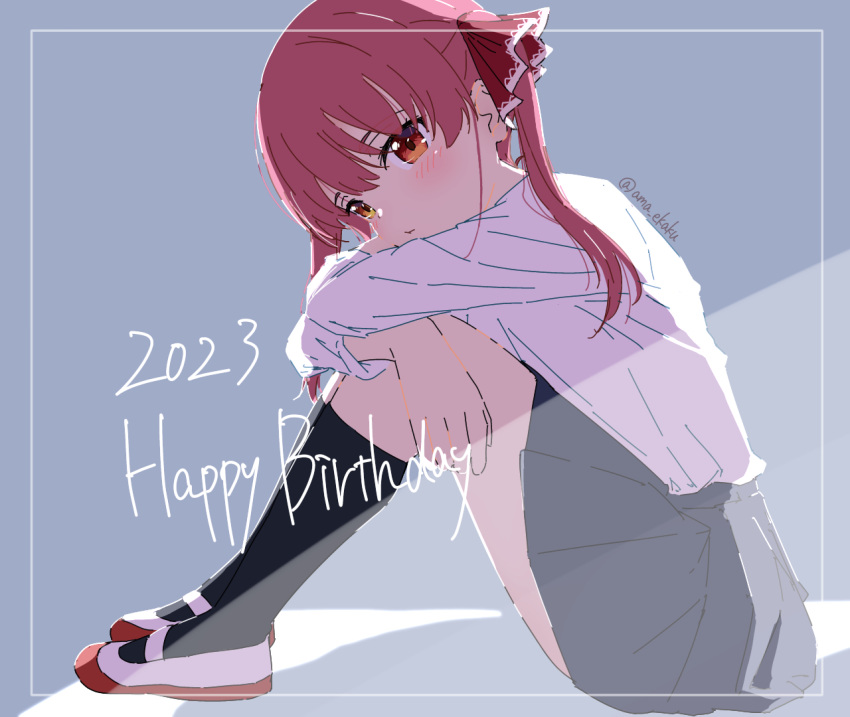 1girl 2023 ama_(ama_ekaku) black_skirt black_socks blush closed_mouth full_body grey_background hair_ribbon happy_birthday heterochromia hololive houshou_marine houshou_marine_(school_uniform) hugging_own_legs kneehighs knees_up long_hair long_sleeves looking_at_viewer official_alternate_costume pleated_skirt red_eyes red_footwear red_hair red_ribbon ribbon school_uniform shirt shoes simple_background sitting skirt socks solo twintails twitter_username uwabaki virtual_youtuber white_footwear white_shirt yellow_eyes