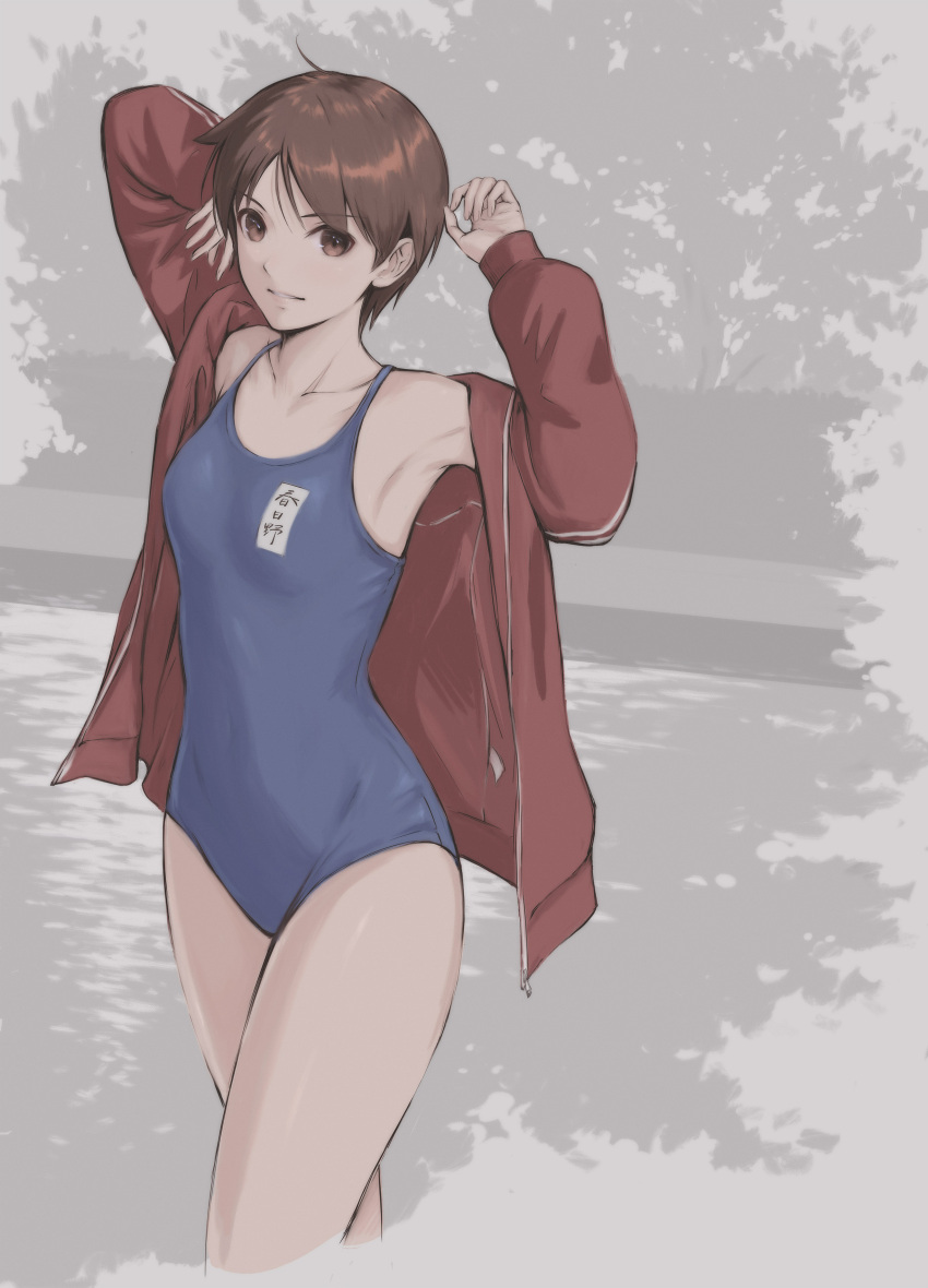 1girl absurdres ahoge armpits arms_up bare_shoulders blue_one-piece_swimsuit breasts brown_eyes brown_hair collarbone commentary_request hands_up highres jacket kasugano_sakura lips long_sleeves looking_at_viewer one-piece_swimsuit open_clothes open_jacket parted_lips red_jacket school_swimsuit short_hair simple_background small_breasts solo street_fighter street_fighter_zero_(series) swimsuit thighs tyanoki zipper_pull_tab