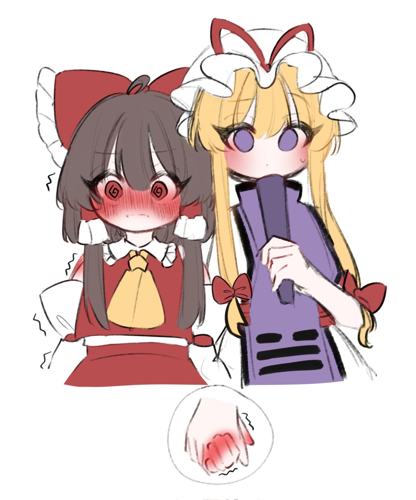 2girls @_@ blush bow brown_eyes brown_hair commentary_request cowboy_shot cropped_legs embarrassed frilled_bow frilled_hair_tubes frills full-face_blush hair_bow hair_tubes hakurei_reimu hand_fan hat highres holding holding_fan holding_hands long_hair mob_cap multiple_girls purple_tabard red_bow red_eyes sidelocks simple_background tabard tohou89 touhou white_background wide-eyed yakumo_yukari yuri