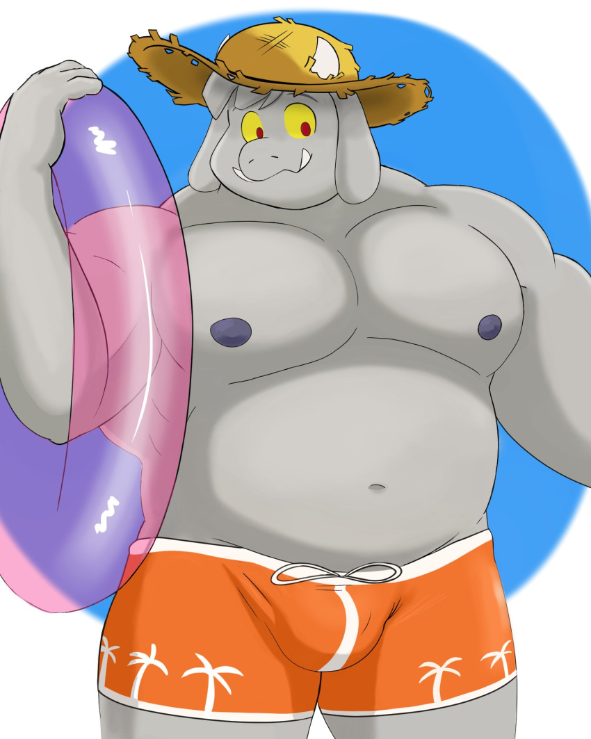 anthro bottomwear bovid bulge caprine clothing enfer_belial fur goat goenym grey_body grey_fur hat headgear headwear hi_res horn kings_of_hell male mammal muscular muscular_anthro muscular_male navel nipples pecs shorts solo straw_hat swim_ring swimwear