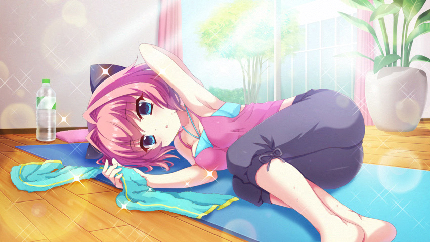 1girl armpits bare_arms barefoot blue_eyes blue_sky blue_sports_bra blue_towel bottle bow breasts cleavage curtains day dot_nose film_grain game_cg hair_bow hair_intakes hiiragi_kae holding holding_towel indoors izumi_tsubasu large_bow large_breasts lens_flare lying midriff_peek non-web_source official_art on_floor on_side open_mouth pants pink_curtains pink_hair pink_tank_top pink_towel plant potted_plant purple_bow purple_pants re:stage! short_hair sky solo sparkle sports_bra sunlight sweat tank_top towel tree wall water_bottle window wooden_floor yoga yoga_mat yoga_pants