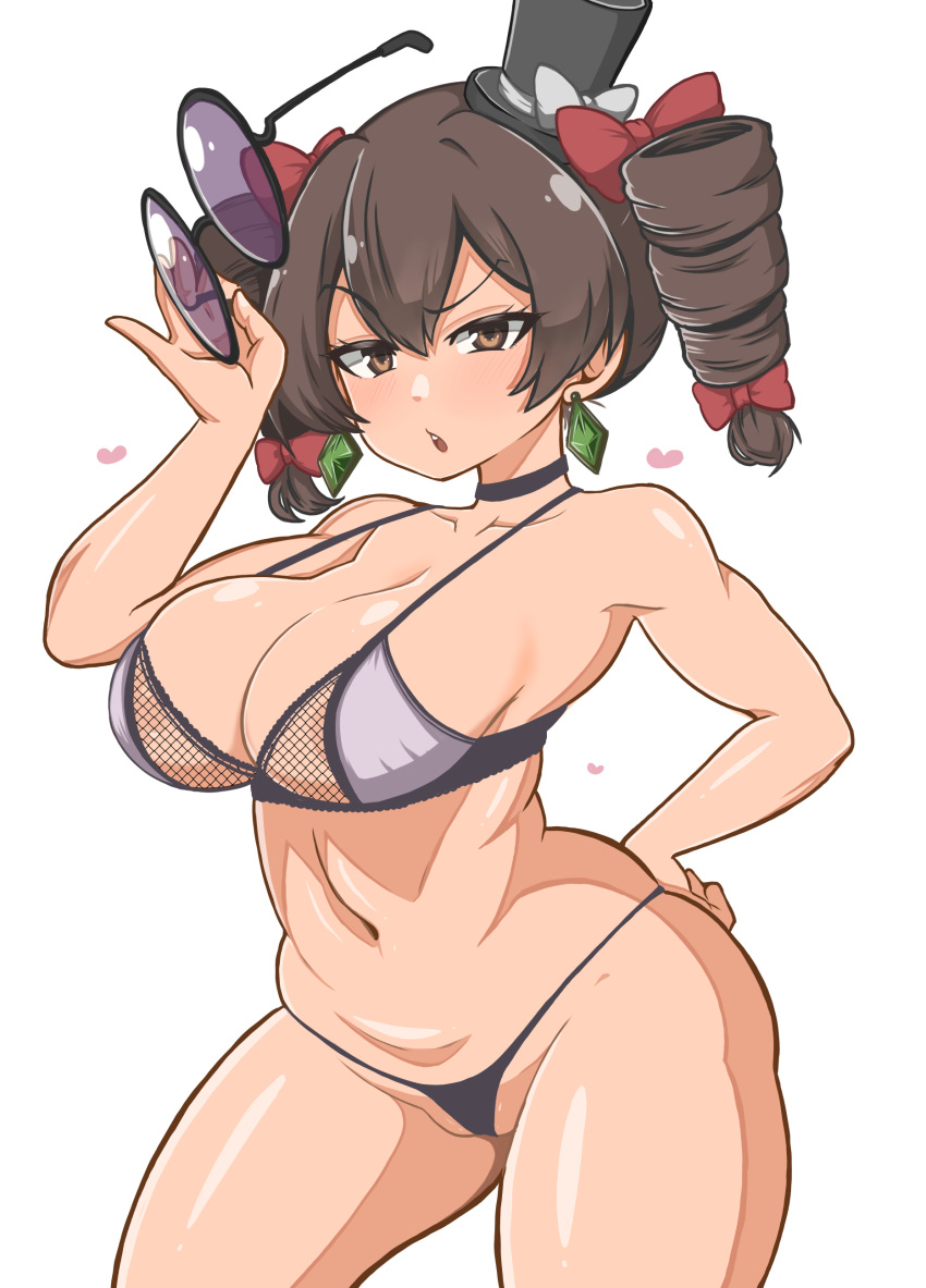 1girl absurdres areola_slip bangle bikini bow bra bracelet breasts brown_hair collarbone debt drill_hair earrings eyewear_removed hair_bow hat hat_bow highres himajin_noizu jewelry large_breasts midriff navel panties red_bow revision ribbon round_eyewear simple_background solo standing sunglasses swimsuit top_hat touhou twin_drills underwear white_background yellow_eyes yorigami_jo'on