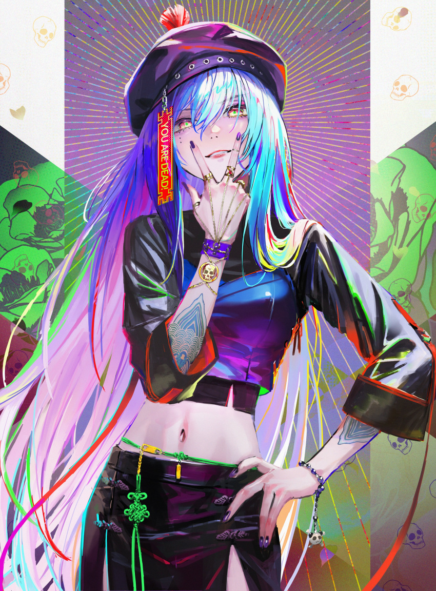 1girl absurdres arm_tattoo black_shirt black_skirt blonde_hair blue_hair bracelet breasts contrapposto cowboy_shot green_eyes hair_between_eyes hand_on_own_hip hand_up hat highres jewelry jiangshi_costume long_hair looking_at_viewer medium_breasts midriff multicolored_hair nababa original parted_lips pencil_skirt purple_hair purple_nails red_hair shirt skirt skull sleeves_past_elbows smile solo tattoo teeth very_long_hair w