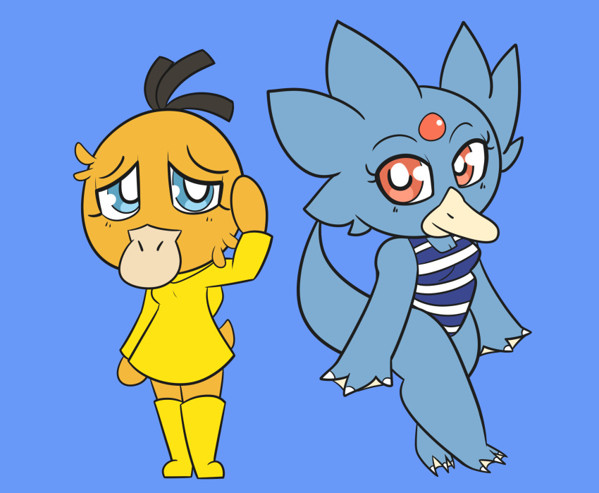 2020 anatid anseriform anthro anthrofied avian big_eyes bird blue_background chibi digital_media_(artwork) duck duo evolutionary_family eyelashes female generation_1_pokemon golduck hi_res looking_at_viewer mythrica nintendo pokemon pokemon_(species) pokemorph psyduck simple_background standing