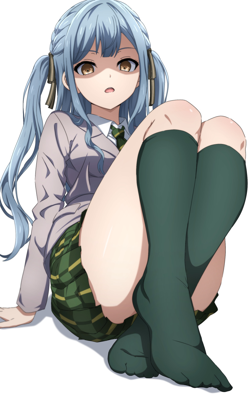 1girl absurdres arm_at_side bang_dream! blazer blunt_bangs braid breasts brown_ribbon collared_shirt commentary convenient_leg crossed_ankles diagonal-striped_necktie full_body green_necktie green_skirt green_socks grey_hair grey_jacket grey_ribbon hair_ribbon haneoka_school_uniform highres jacket kneehighs knees_up legs_together long_hair looking_at_viewer medium_breasts miniskirt necktie no_shoes noshimurin parted_lips plaid plaid_skirt pleated_skirt ribbon school_uniform shaded_face shirt sidelocks simple_background sitting skirt socks solo striped striped_ribbon teeth togawa_sakiko twin_braids two-tone_ribbon two_side_up upper_teeth_only wavy_hair white_background white_shirt yellow_eyes