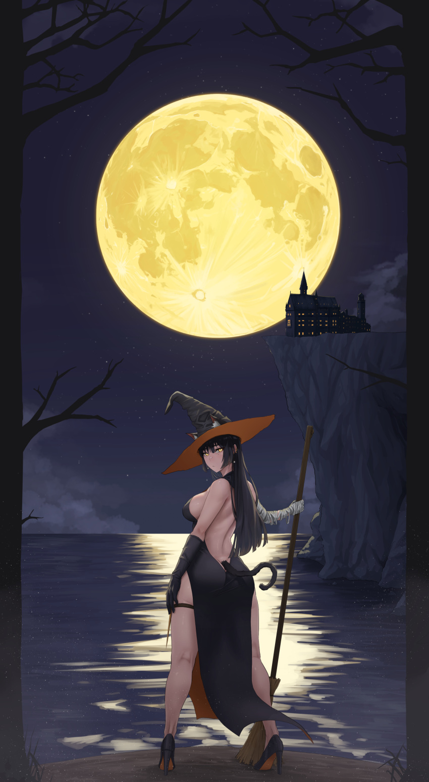 1girl absurdres animal_ears ass backless_dress backless_outfit bandaged_arm bandages black_dress black_hair breasts broom cat_ears cat_girl cat_tail curvy dress dryseaweed elbow_gloves from_behind full_moon gloves hat high_heels highres holding holding_broom large_breasts long_hair looking_at_viewer looking_back mansion moon moonlight ocean original pelvic_curtain reflection reflective_water side_slit single_elbow_glove slit_pupils solo tail thigh_strap witch witch_hat yellow_eyes