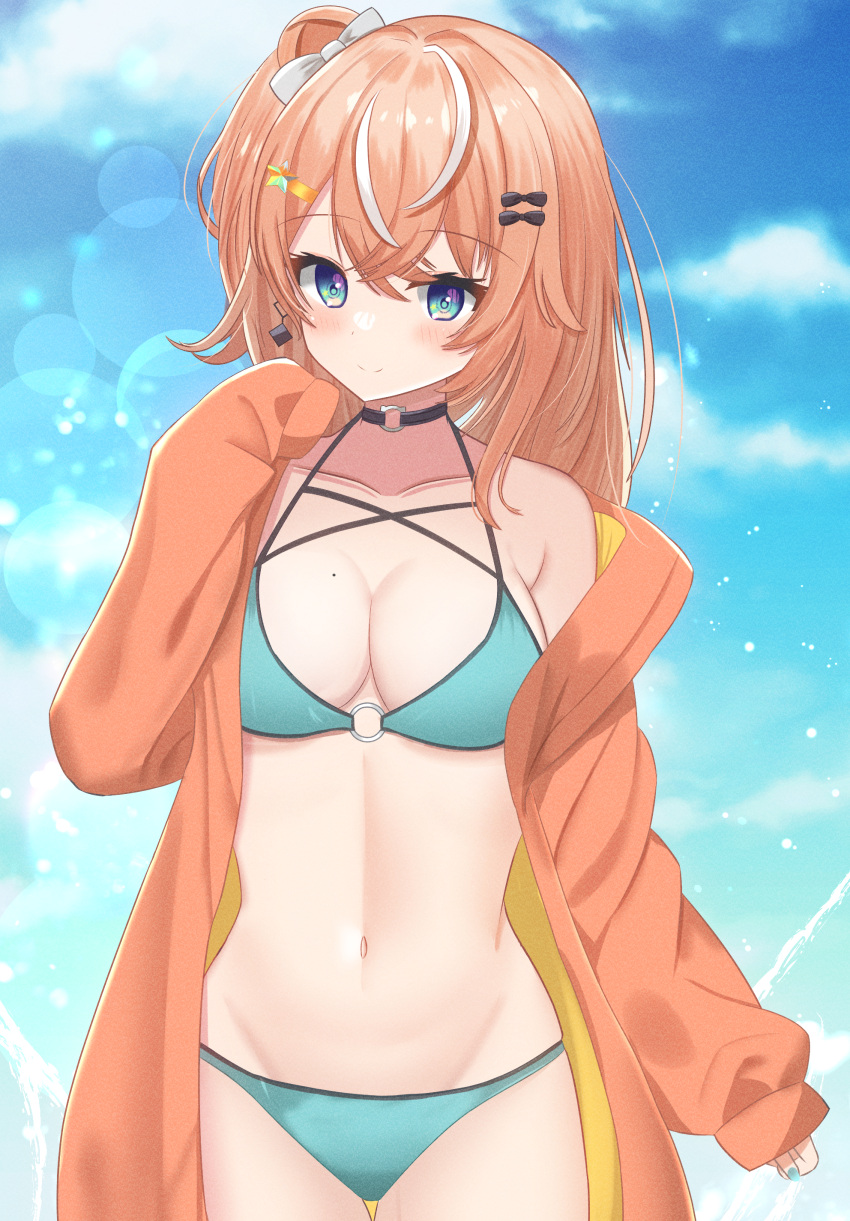 1girl absurdres aqua_bikini aqua_nails bikini black_choker blue_eyes blush bow breasts choker cloud earrings hair_bow hair_bun hair_ornament hairclip highres igarashi_rika jacket jewelry long_hair looking_at_viewer medium_breasts multicolored_hair navel nijisanji o-ring o-ring_bikini o-ring_choker open_clothes open_jacket orange_hair orange_jacket ryu_h2so4 single_earring single_side_bun sky sleeves_past_fingers sleeves_past_wrists smile solo stomach streaked_hair swimsuit virtual_youtuber white_hair