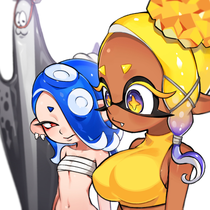 2girls bandages bandeau bare_arms bare_shoulders big_man_(splatoon) blonde_hair blue_hair breasts chest_sarashi commentary_request crop_top dark_skin frye_(splatoon) highres large_breasts long_hair looking_at_another midriff multiple_girls navel paripi_nasubi pointy_ears red_eyes sarashi shirt shiver_(splatoon) simple_background sleeveless sleeveless_shirt splatoon_(series) splatoon_3 stomach strapless tube_top upper_body white_background yellow_eyes yellow_shirt