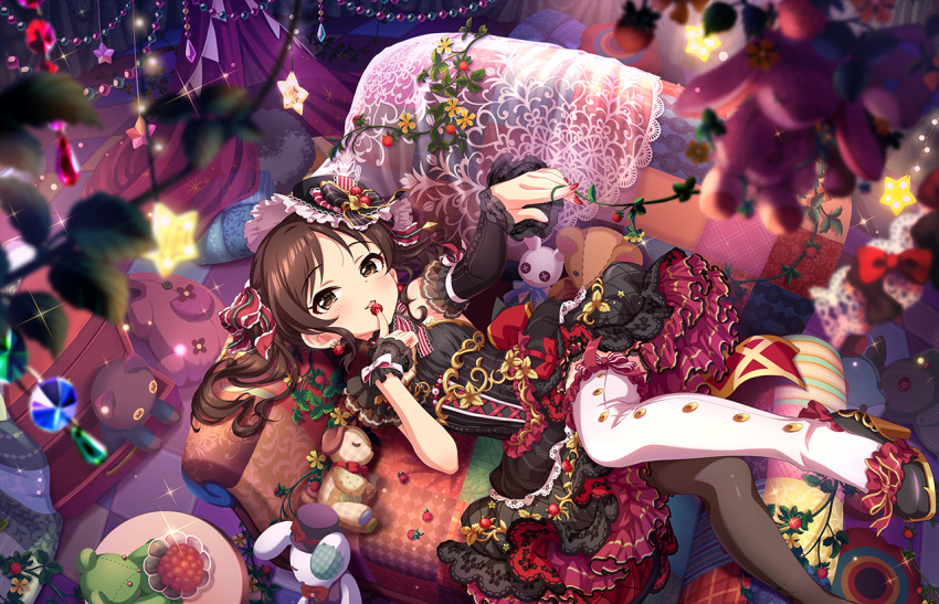 1girl black_dress black_footwear black_headwear black_pantyhose blush bow brown_eyes brown_hair couch detached_sleeves dress earrings flower food fruit hair_bow hair_ribbon hat high_heels idolmaster idolmaster_cinderella_girls idolmaster_cinderella_girls_starlight_stage indoors jewelry long_hair looking_at_viewer lying official_art open_mouth pantyhose plant red_ribbon ribbon single_detached_sleeve single_leg_pantyhose single_thighhigh smile solo strawberry stuffed_animal stuffed_rabbit stuffed_toy tachibana_arisu teddy_bear thighhighs twintails vines white_thighhighs yellow_flower