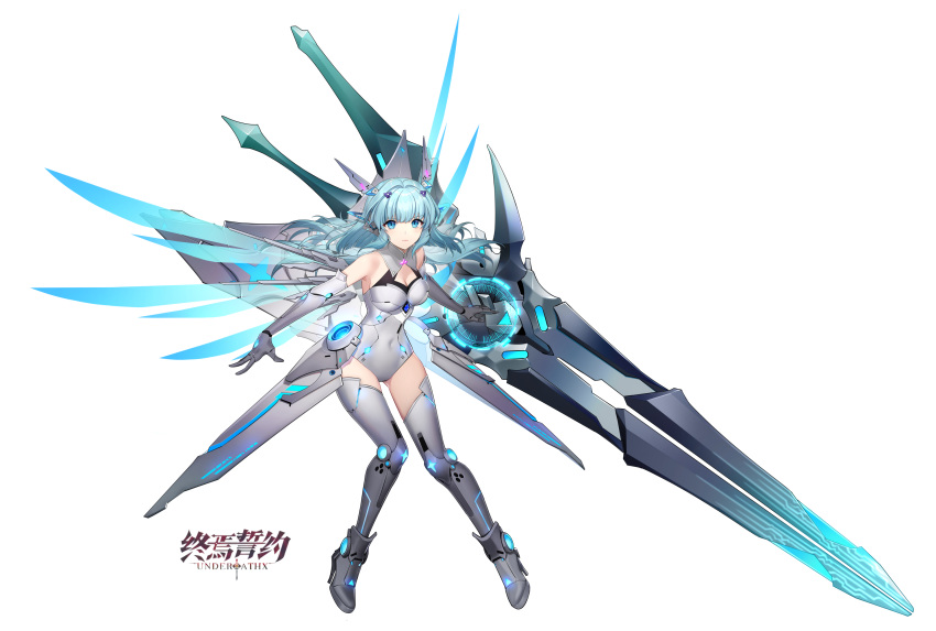 1girl ankle_boots armor blue_eyes blue_gemstone blue_hair boots breasts cleavage closed_mouth copyright_name covered_navel detached_wings elbow_gloves energy_wings faulds full_body gem gloves grey_footwear grey_gloves grey_leotard grey_thighhighs headpiece high_heel_boots high_heels highres leotard long_hair looking_at_viewer medium_breasts official_art sidelocks simple_background solo spinel_(9057) thighhighs vow_of_heroes white_background wings