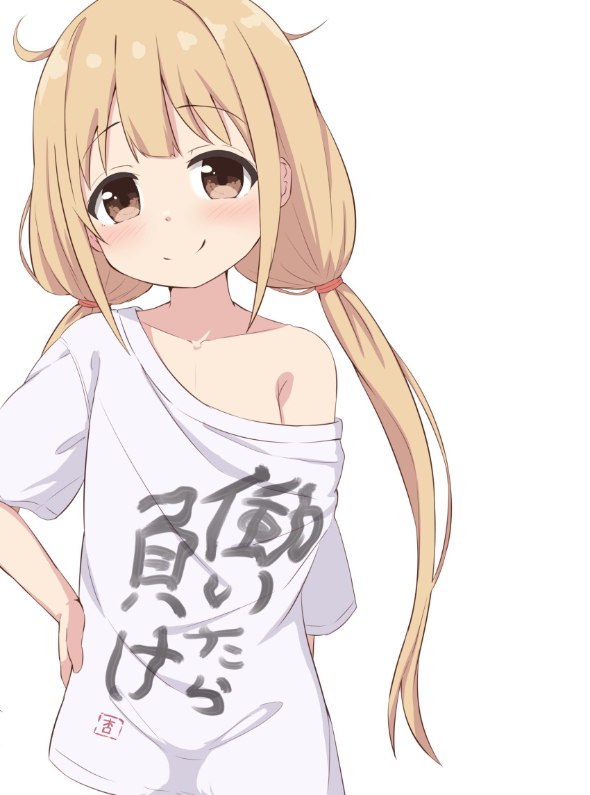 1girl blonde_hair brown_eyes closed_mouth clothes_writing collarbone commentary futaba_anzu hand_on_own_hip highres idolmaster idolmaster_cinderella_girls long_hair low_twintails meme off_shoulder shirt short_sleeves simple_background smile solo symbol-only_commentary takasuma_hiro twintails twitter_rabbit_ears_(meme) very_long_hair white_background white_shirt