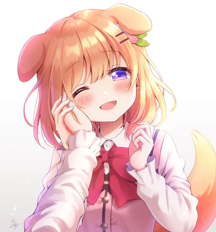 2girls ;d animal_ears artist_name blush bow bowtie commentary_request dog_ears dog_girl dog_tail extra_ears female_pov gochuumon_wa_usagi_desu_ka? hair_ornament hairclip hand_on_another's_cheek hand_on_another's_face happy head_tilt highres hoto_cocoa kemonomimi_mode long_sleeves medium_hair mozukun43 multiple_girls one_eye_closed open_mouth orange_hair pink_vest pov purple_eyes rabbit_house_uniform red_bow red_bowtie shirt smile solo_focus tail twitter_username upper_body vest white_shirt