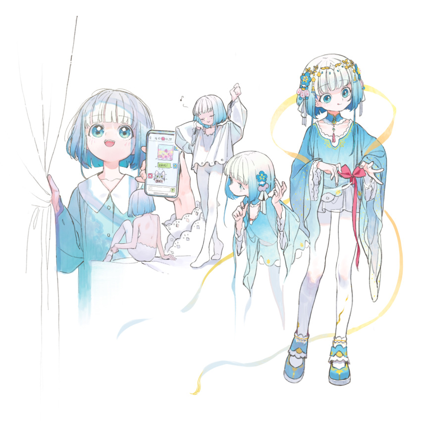 1girl :d :q absurdres adjusting_hair arm_up blue_choker blue_eyes blue_hair blue_pajamas blue_shirt cellphone choker closed_eyes closed_mouth facing_viewer flower from_behind from_side gradient_hair gradient_shirt hair_flower hair_ornament highres holding holding_phone kaede_(shijie_heping) knee_up lace-trimmed_choker lace_trim leaning_forward long_sleeves looking_up loose_clothes loose_shirt miniskirt multicolored_hair multiple_views musical_note open_mouth original pajamas pantyhose pendant_choker phone ribbon shirt short_hair short_hair_with_long_locks simple_background sitting skinny skirt smartphone smile spoken_musical_note standing tongue tongue_out topless white_background white_hair white_pantyhose white_shirt white_skirt wide_sleeves yellow_ribbon