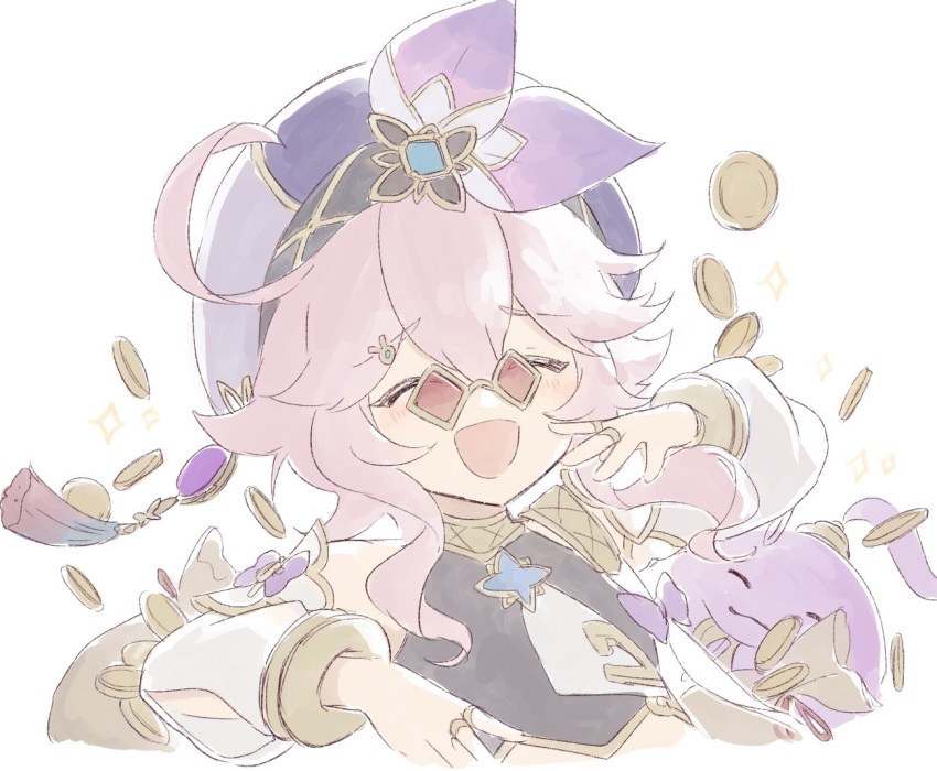 1girl ahoge blush closed_eyes coin detached_sleeves dori_(genshin_impact) genshin_impact hair_between_eyes hair_ornament hairclip hand_to_own_mouth hat jinni_(genshin_impact) laughing money money_bag open_mouth pince-nez pink_hair purple_headwear shirase_(shirose) simple_background sparkle tassel upper_body white_background