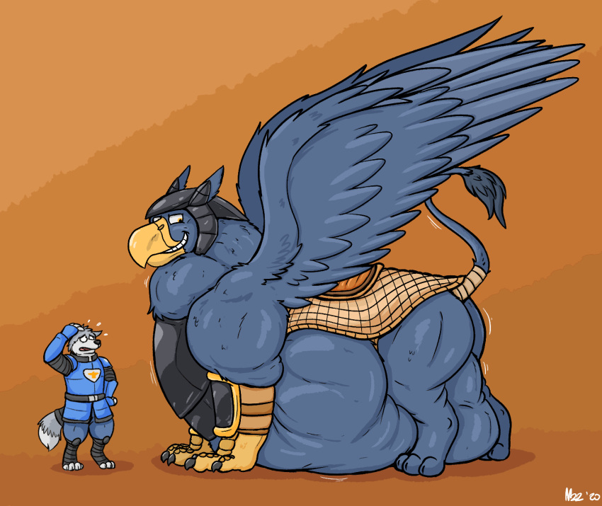 after_vore anthro armor avian beak blue_body blue_feathers blue_fur canid canine canis duo feathers feral fur gryphon headgear helmet hi_res jagg_(thatgryphonguy) looking_at_belly male mammal mythological_avian mythology overweight overweight_feral overweight_male ramz_(thatgryphonguy) saddle simple_background size_difference smile tail tail_wraps thatgryphonguy thick_thighs vore weight_gain wings wolf wraps