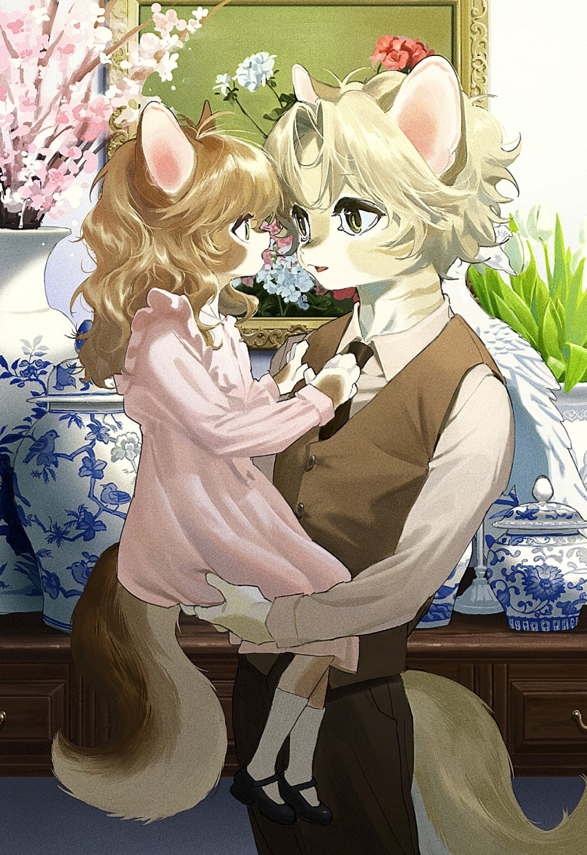 1boy 1girl animal_ears black_footwear brown_hair brown_vest buttons cat_boy cat_ears cat_girl cat_tail child collared_shirt dress face-to-face formal furry furry_female furry_male grey_hair highres indoors lifting_person long_sleeves mayumochini necktie open_mouth original painting_(object) pants parted_bangs pink_dress plant porcelain potted_plant shirt shoes socks table tail vase vest wavy_hair white_shirt