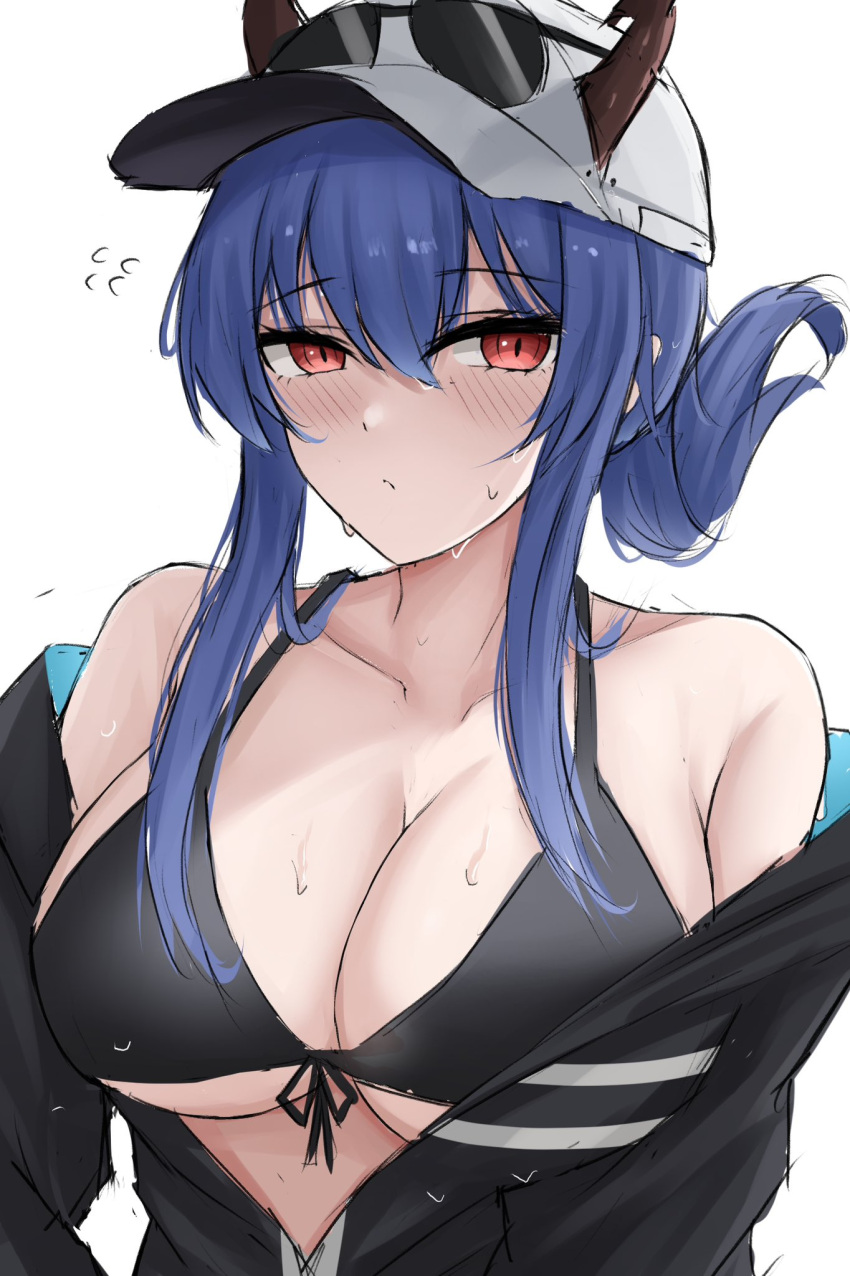 1girl arknights bare_shoulders baseball_cap bikini black_bikini black_jacket blush breasts ch'en_(arknights) cleavage closed_mouth collarbone commentary dragon_girl dragon_horns english_commentary eyewear_on_headwear female_tourist_c_(arknights) folded_ponytail hair_between_eyes hat highres horns horns_through_headwear jacket large_breasts looking_at_viewer nami_(namikare4) official_alternate_costume open_clothes open_jacket red_eyes sidelocks simple_background solo sunglasses swimsuit upper_body wet white_background white_headwear
