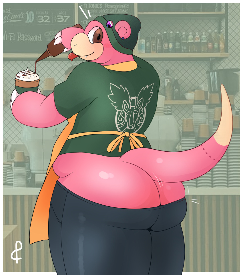 absurd_res ambiguous_gender ampersand_ad anthro apron barista beverage big_butt bottomwear butt butt_cleavage clothed clothing coffee container cup curvy_figure digital_media_(artwork) genderfluid_pride_colors generation_1_pokemon hi_res holding_object huge_butt lgbt_pride looking_at_viewer looking_back nintendo nonbinary_(lore) pants pink_body pokemon pokemon_(species) pride_colors shirt simple_background slightly_chubby slowbro smile solo solo_focus t-shirt tail thick_thighs tongue topwear wardrobe_malfunction wide_hips