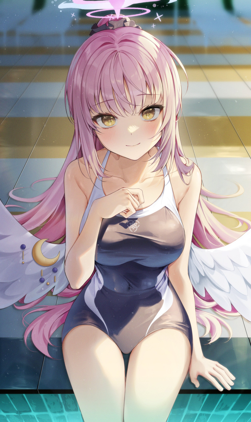 1girl absurdres angel_wings arm_support blue_archive blush collarbone covered_navel feathered_wings hair_ornament hair_scrunchie hair_spread_out halo head_tilt highres looking_at_viewer mika_(blue_archive) one-piece_swimsuit pink_hair ponytail poolside school_swimsuit scrunchie sitting smile solcha solo swimsuit white_wings wings