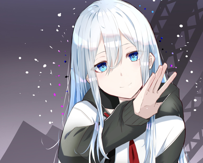 1girl blue_eyes blue_hair closed_mouth dande_cat grey_hair hair_between_eyes highres jacket long_hair long_sleeves looking_at_viewer project_sekai solo upper_body very_long_hair white_hair yoisaki_kanade