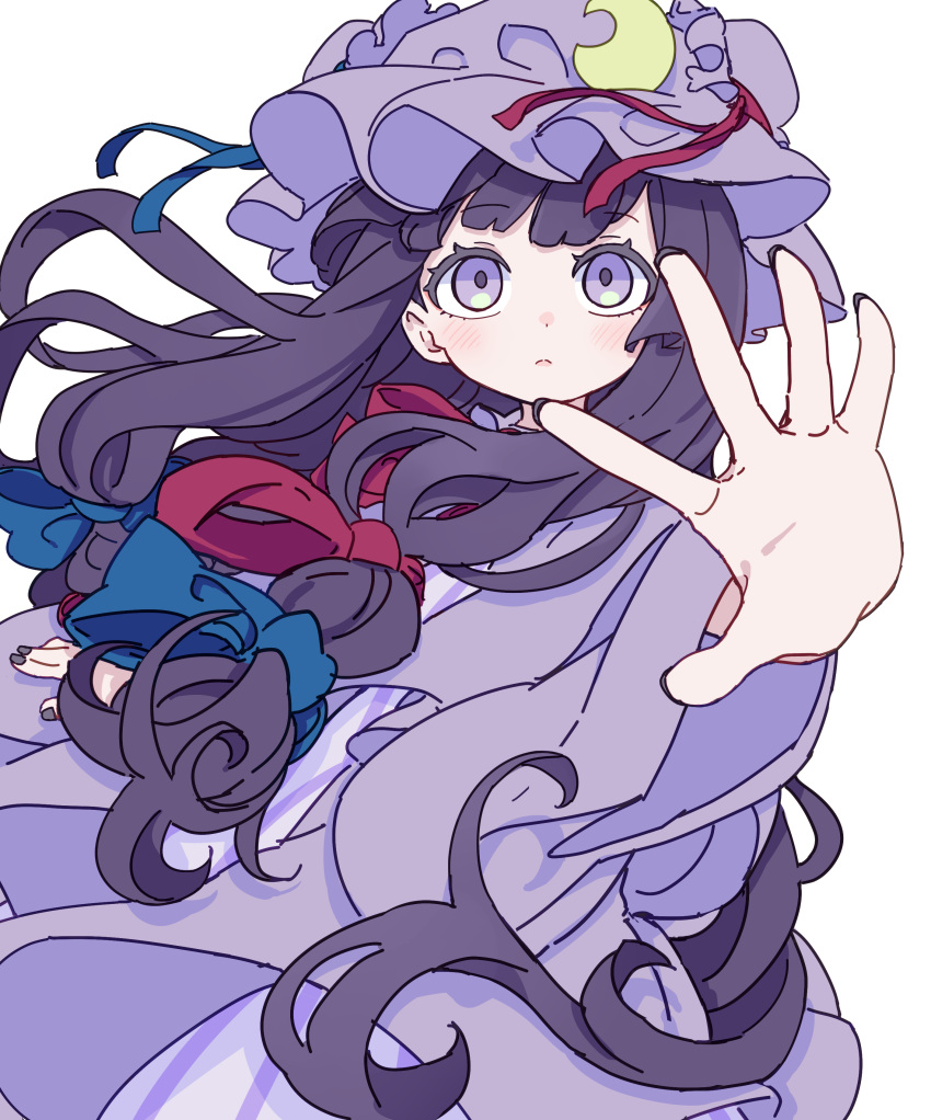 1girl absurdres blue_bow blush bow closed_mouth crescent crescent_hat_ornament dress fingernails foreshortening hair_bow hat hat_ornament highres kame_(kamepan44231) long_hair long_sleeves looking_at_viewer mob_cap nail_polish patchouli_knowledge purple_dress purple_eyes purple_hair purple_headwear purple_nails reaching reaching_towards_viewer red_bow simple_background solo touhou white_background wide_sleeves