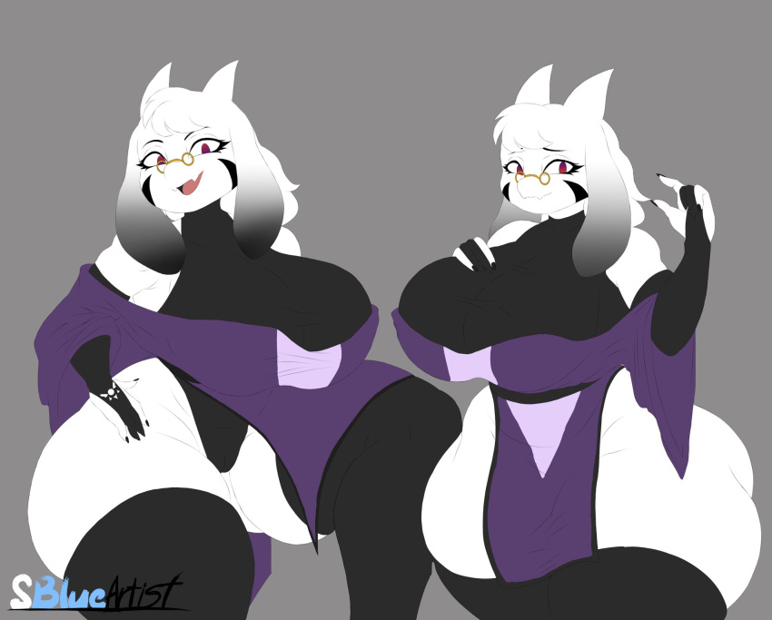 anthro big_breasts bodysuit bovid breasts caprine clothing digital_media_(artwork) eyelashes eyewear female fur glasses goat hi_res legwear looking_at_viewer mammal mature_female multiple_poses pose red_eyes simple_background skinsuit sleeves smile snowyblue1 solo thick_thighs thigh_highs tight_clothing toriel undertale undertale_(series) undertale_au watermark white_body white_fur