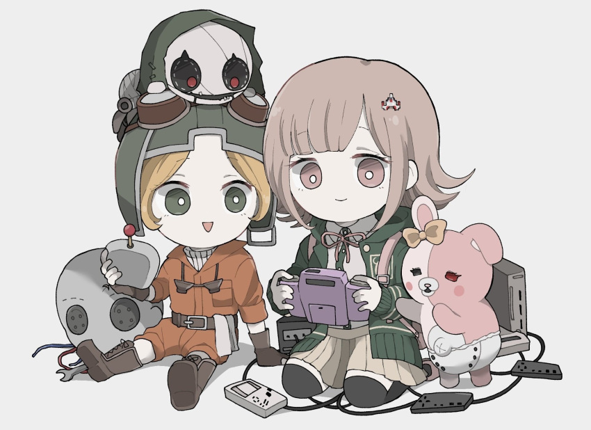 2girls :d arm_support belt black_belt black_thighhighs blonde_hair bow brown_footwear brown_skirt buttons collared_shirt danganronpa_(series) danganronpa_2:_goodbye_despair diaper dress_shirt ear_bow emuaitu_1733 galaga game_boy game_console goggles goggles_on_headwear grey_background hair_ornament handheld_game_console highres holding holding_handheld_game_console identity_v jacket miniskirt monomi_(danganronpa) multiple_girls nanami_chiaki neck_ribbon open_clothes open_jacket open_mouth orange_bow pink_eyes pink_ribbon playing_games pleated_skirt ribbon shirt shirt_tucked_in short_hair simple_background sitting skirt smile thighhighs tracy_reznik violetta_(identity_v) wariza