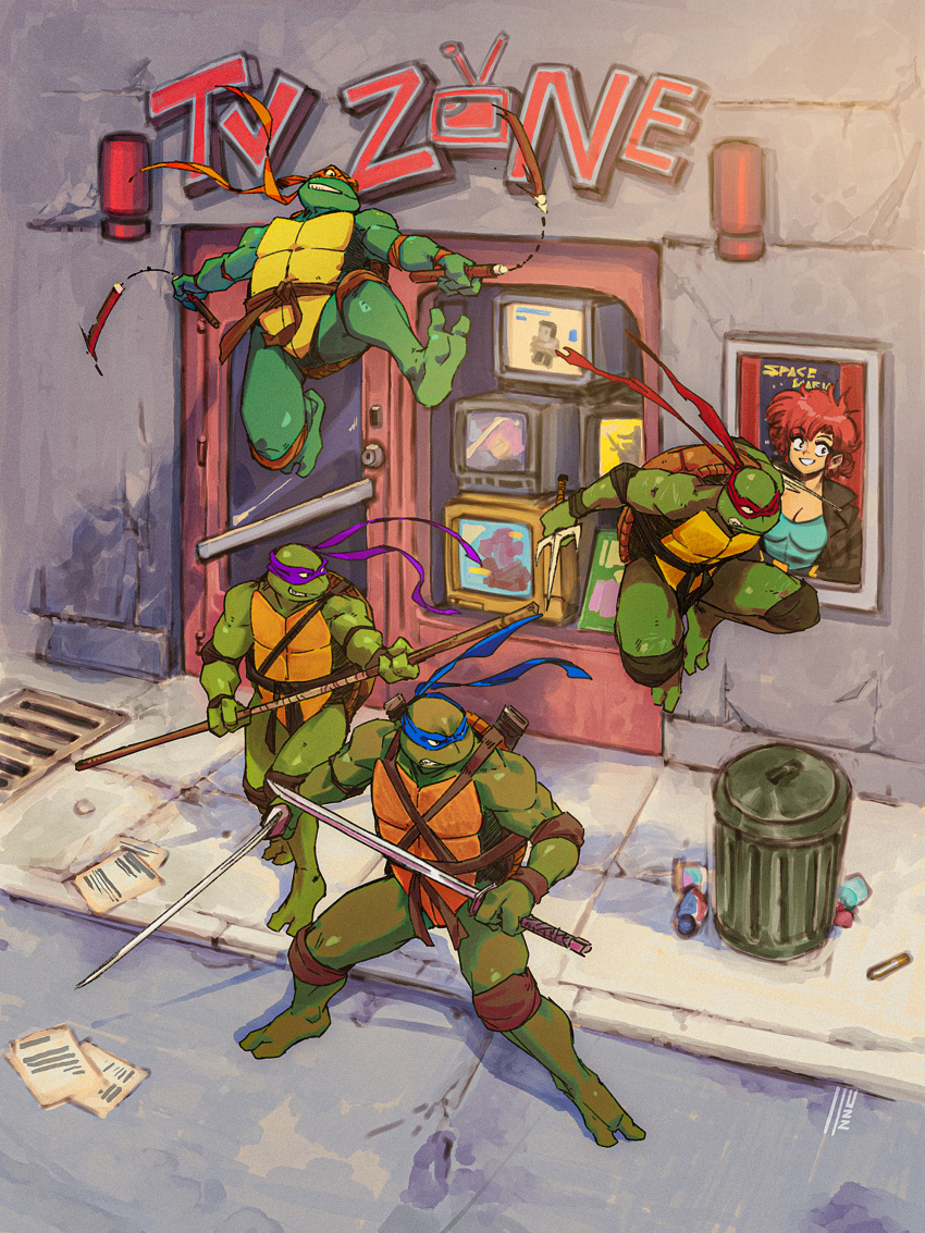 1990s_(style) 4boys absurdres bald barefoot belt black_belt brothers brown_belt cameo colored_skin commentary crt david_liu domino_mask donatello_(tmnt) dual_wielding elbow_pads english_commentary fewer_digits full_body furry furry_male green_skin highres holding holding_nunchaku holding_staff holding_sword holding_weapon jumping katana knee_pads leonardo_(tmnt) male_focus maria_(space_maria) martial_arts_belt mask michelangelo_(tmnt) multiple_boys muscular muscular_male nunchaku poster_(object) quadruplets raphael_(tmnt) retro_artstyle sai_(weapon) siblings space_maria staff sword teenage_mutant_ninja_turtles television toes turtle weapon wooden_staff