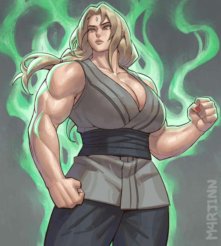 1girl absurdres artist_name aura breasts brown_eyes cleavage clenched_hand commentary diamond_(shape) facial_mark forehead_mark glowing highres large_breasts long_hair looking_to_the_side m4rjinn mature_female muscular muscular_female naruto_(series) red_nails sash signature sleeveless solo tsunade_(naruto)