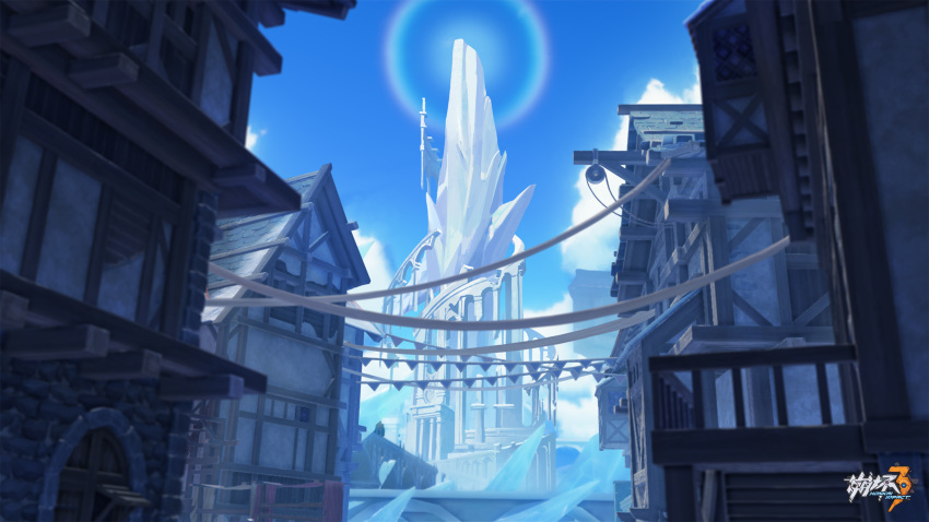 blue_sky chinese_commentary crate day door fence highres honkai_(series) honkai_impact_3rd house light_rays logo official_art official_wallpaper outdoors rooftop sky stairs tower town window
